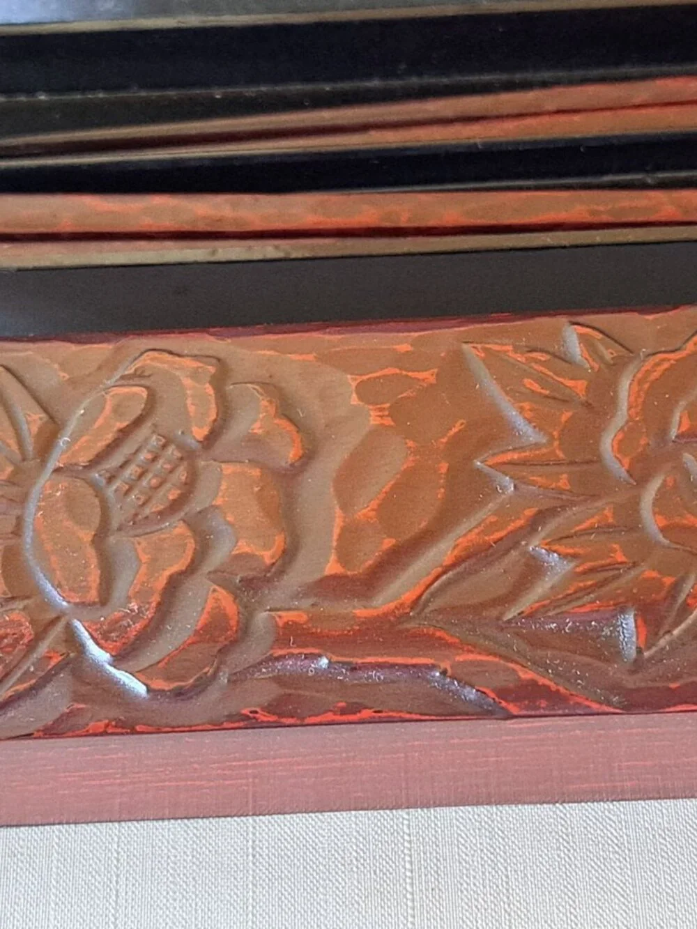 Vtg MCM Hand-Carved Japanese Wooden Chopstick Set Floral Storage Box Traditional